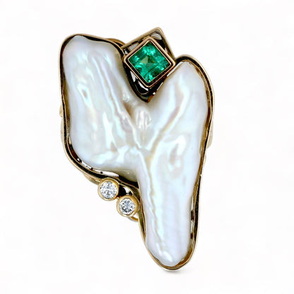 18K Yellow gold Angel shape Japanese Keshi pearl emerald and diamonds ring-21920