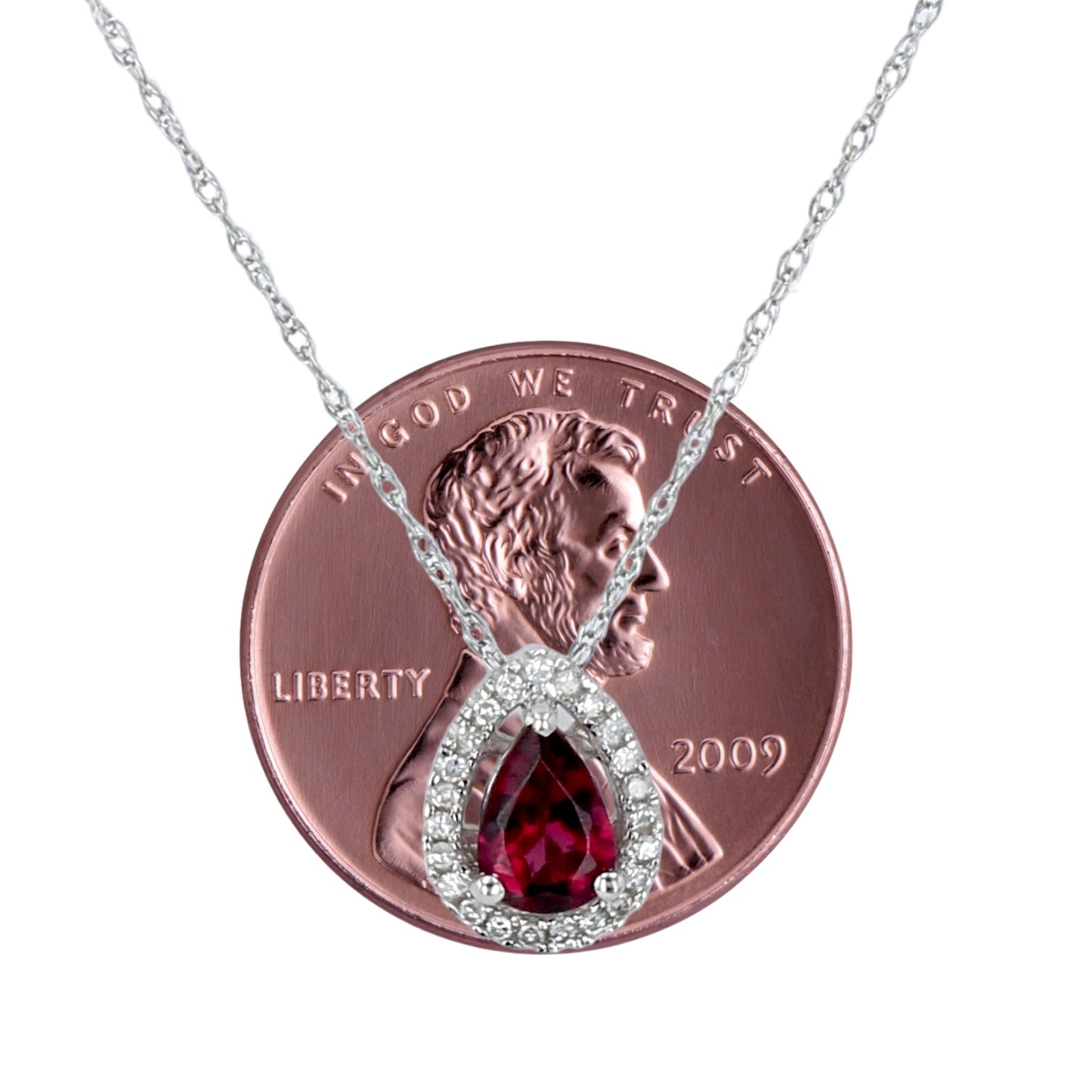 14K White gold drop tear halo garnet and diamonds Necklace- 14980