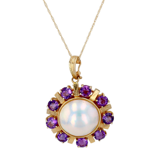 14K Yellow gold Sun Japanese salt water Mabe pearl mix with natural amethyst Necklace-16715