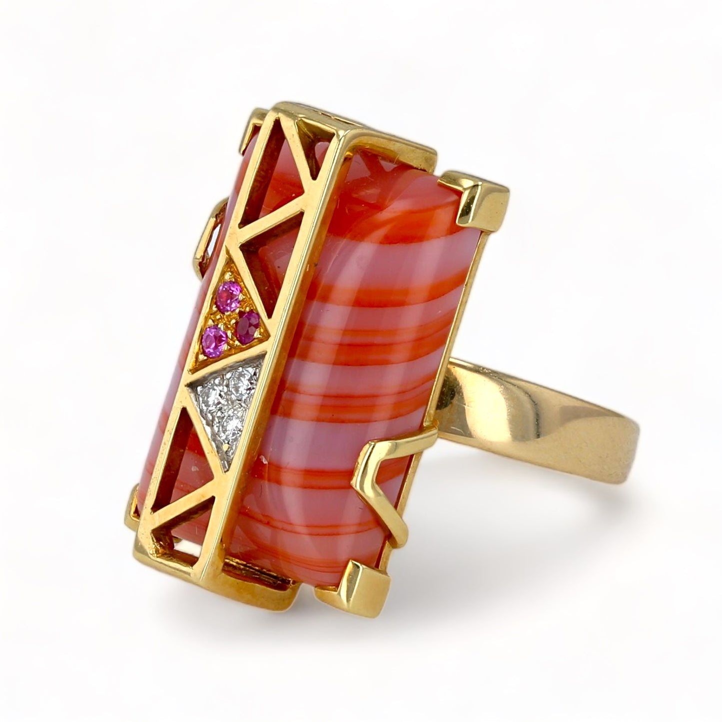 18k yellow gold Zebra peach agate deco ring diamonds and pink sapphire accent-26611