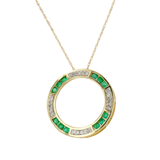 10K Yellow gold infinity circle alternate emerald and diamonds necklace-16725