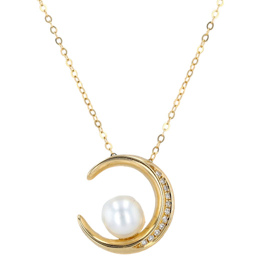 14K Yellow gold moon with pearl accent and diamonds Effy brand necklace-17933