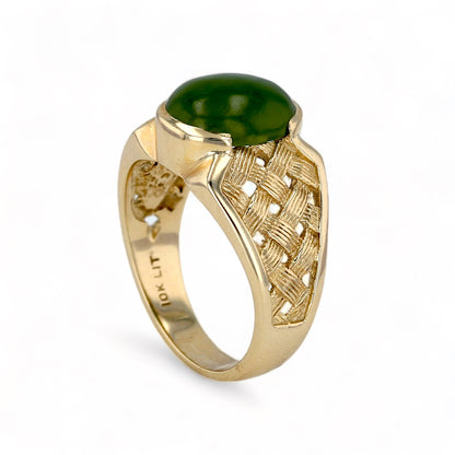 10K yellow gold oval green jade texture ring-29667