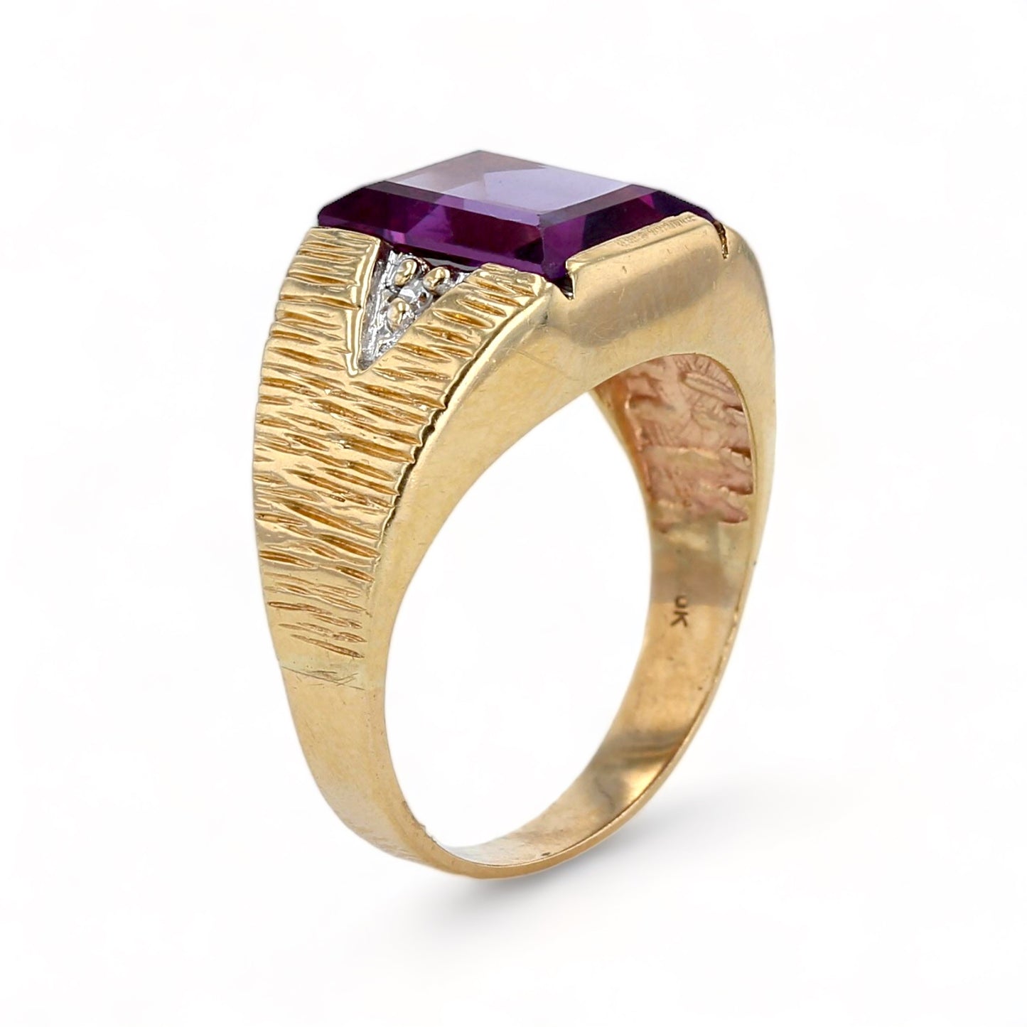 10K Yellow gold texture amethyst and diamonds statement ring-11368