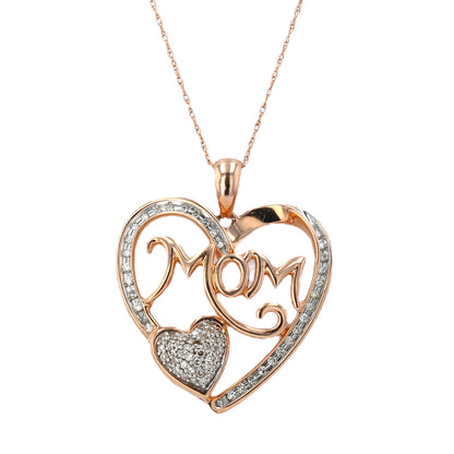 10K Rose gold Mom double diamond heart Necklace-15896