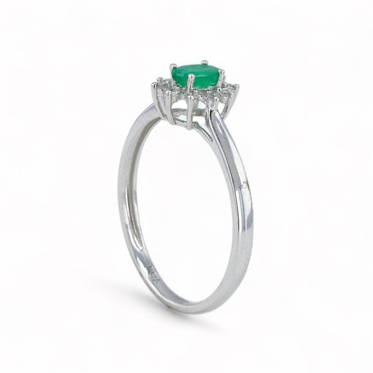 14K white gold emerald and diamonds halo oval solitary ring-19470