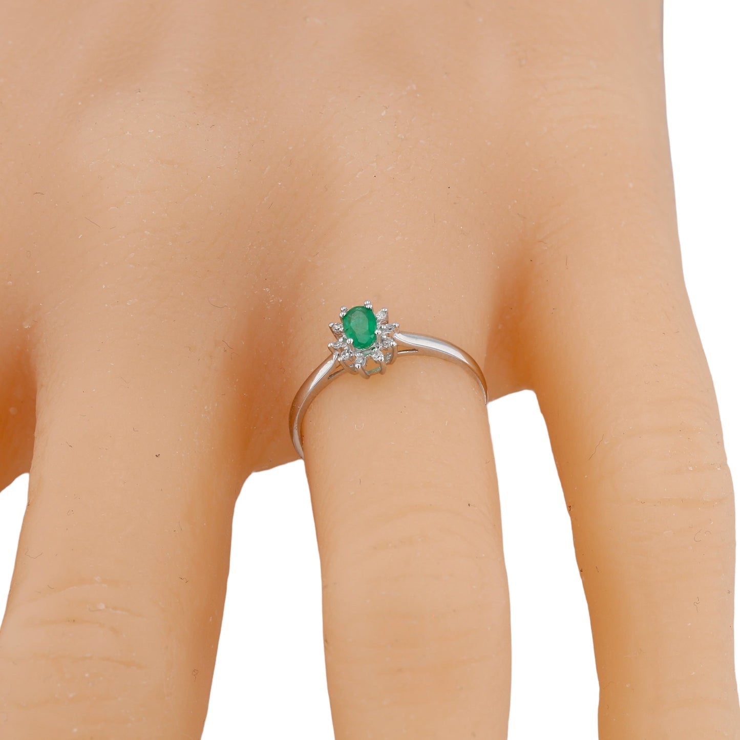 14K white gold emerald and diamonds halo oval solitary ring-19470
