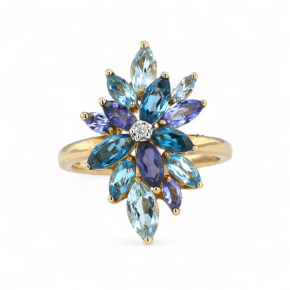 10K yellow gold multi colored Gemstone and diamond flower ring-18665