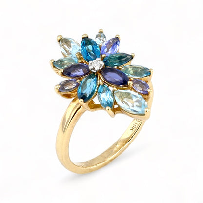 10K yellow gold multi colored Gemstone and diamond flower ring-18665