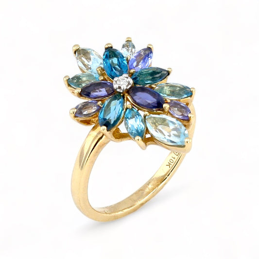 Yellow gold multi Tanzanite Topaz Sapphire Gemstone and diamond flower ring-18665