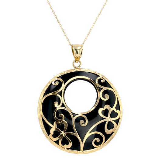 14K Yellow gold lucky clovers medallion onyx necklace-14310