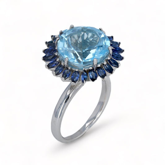14k White gold halo flower blue round blue topaz round it blue sapphire EFFY brand-24772