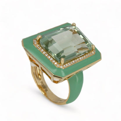 14K Yellow gold square halo diamonds and green amethyst ring