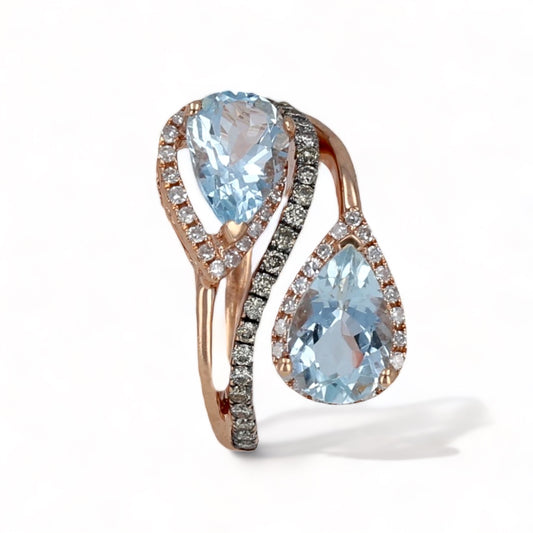14k Rose gold two drop tear natural aquamarine and diamonds ring EFFY brand-32006