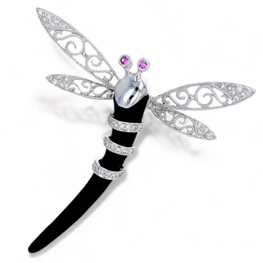 18k White gold onyx handcrafted Italy dragonfly pin and pendant diamonds accents dragonfly especial edition-11359