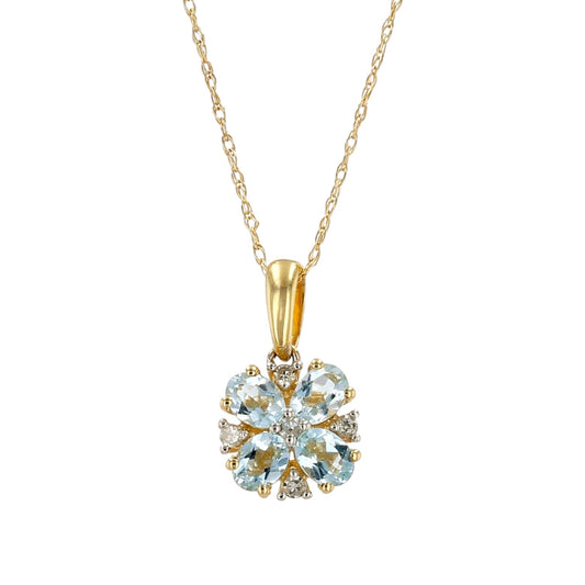 10K Yellow gold natural authentic clover aquamarine necklace-17005