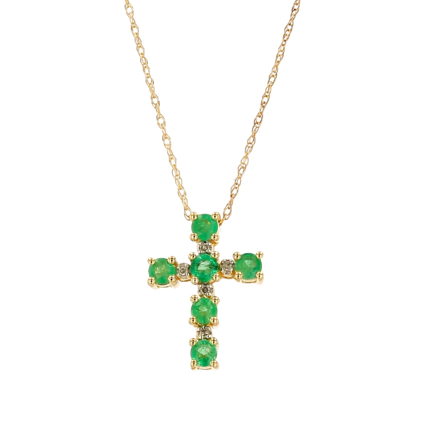 10K yellow gold emerald and diamonds solid cross necklace-16859