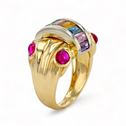 18K yellow gold multicolor gemstone rainbow arch ring-31625