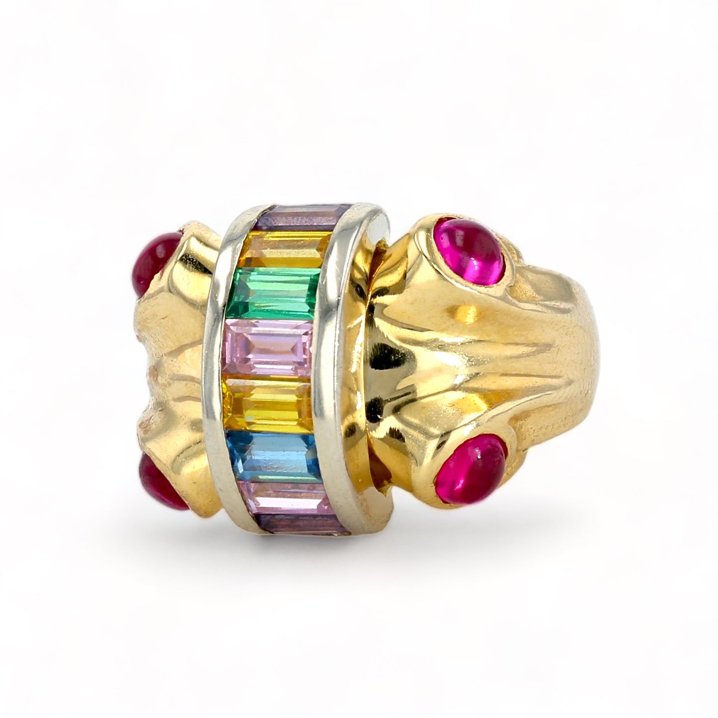 18K yellow gold multicolor gemstone rainbow arch ring-31625