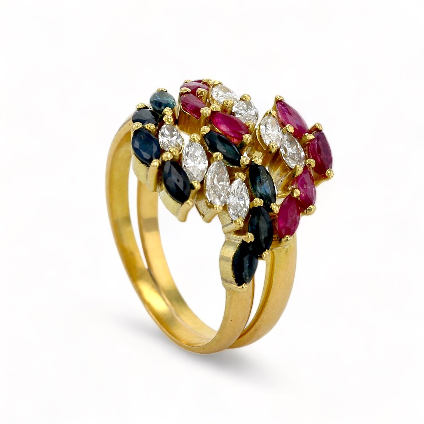 18k Solid yellow gold ruby blue sapphire and diamonds cocktail ring-5709