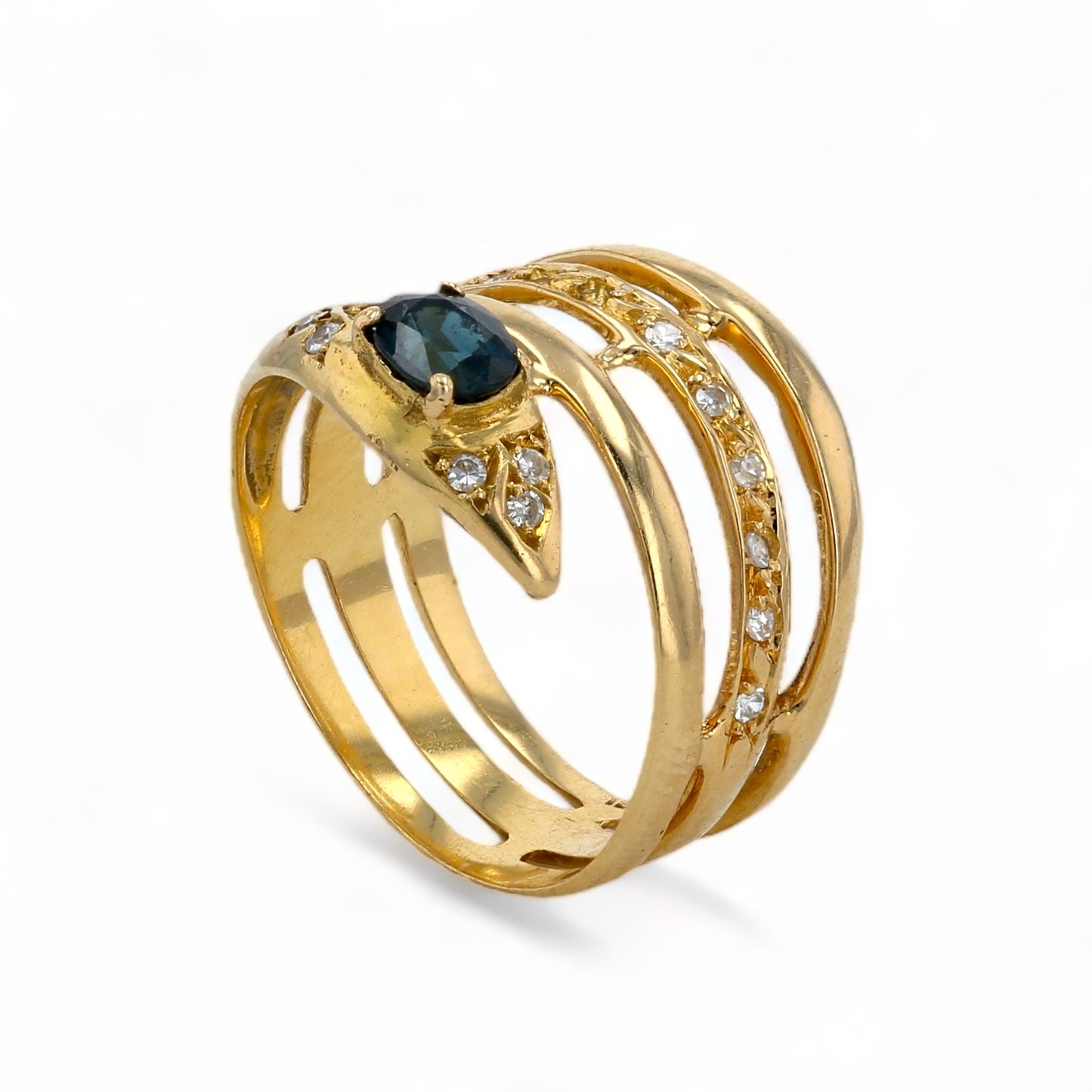 18k yellow gold diamond and blue sapphire snake ring-5389