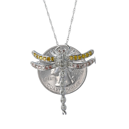 18K white gold dragonfly white and yellow diamonds pink sapphire necklace-17301