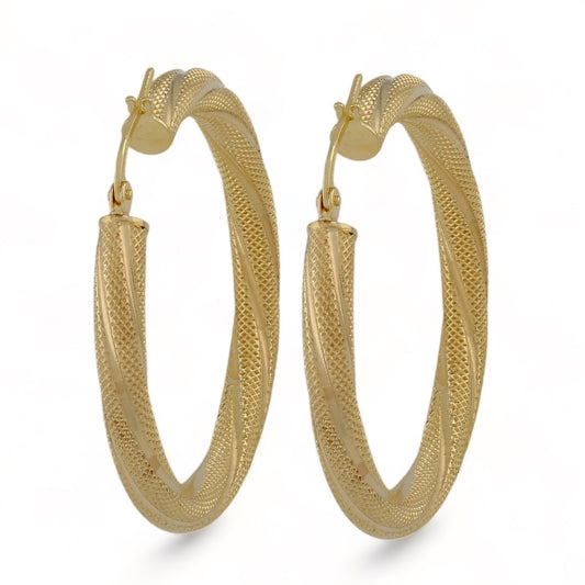 14K Yellow gold large 37mm texture hoops earrings-2345