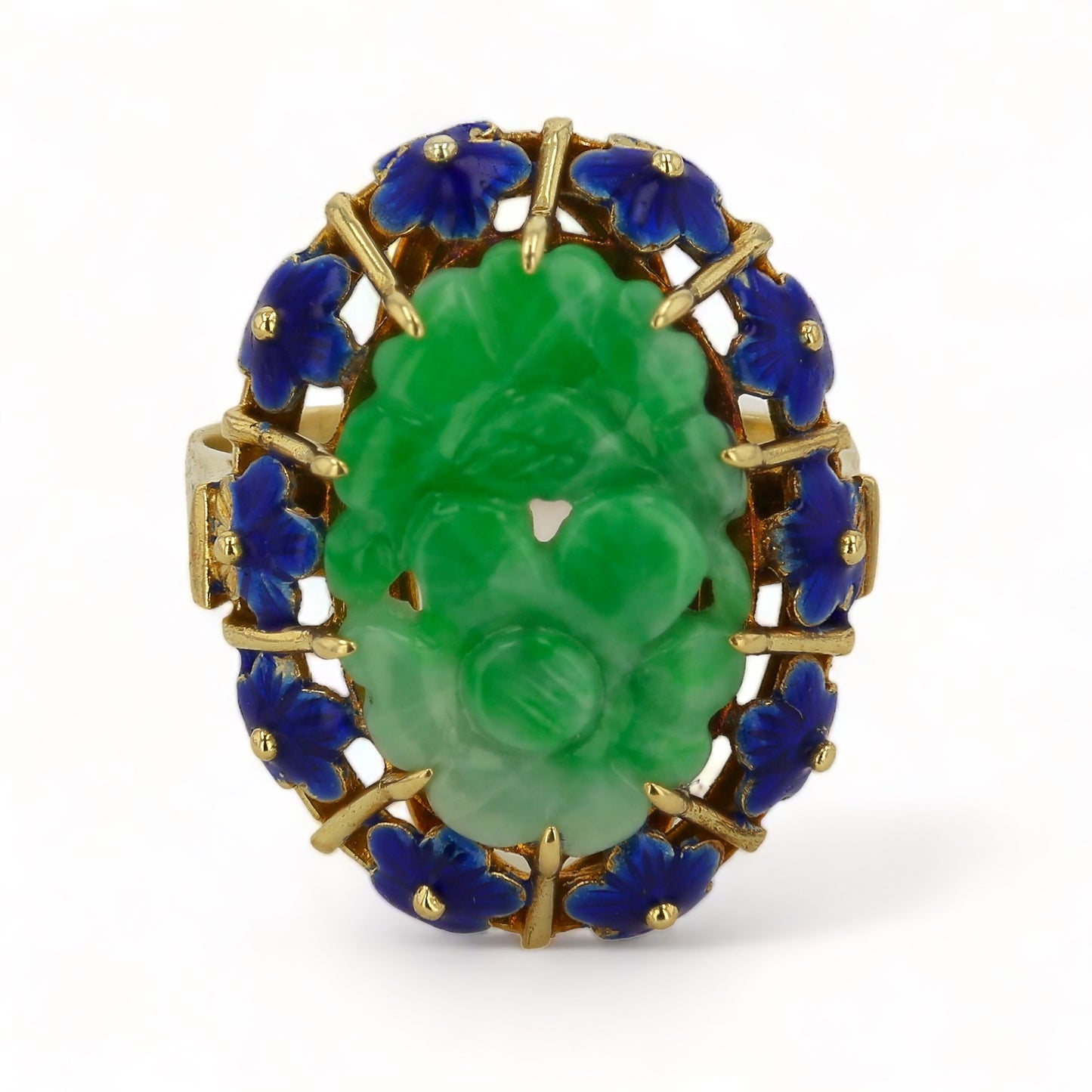 14K Yellow gold oval handcrafted jade  clover surrounded blue enamel estate ring-4444