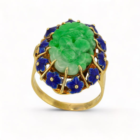 14K Yellow gold oval handcrafted jade  clover surrounded blue enamel estate ring-4444