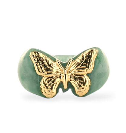 Green Jade Butterfly shape 14k Yellow Ring