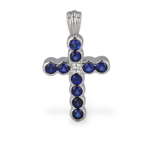 White Gold Cross 14k pendant with Sapphire