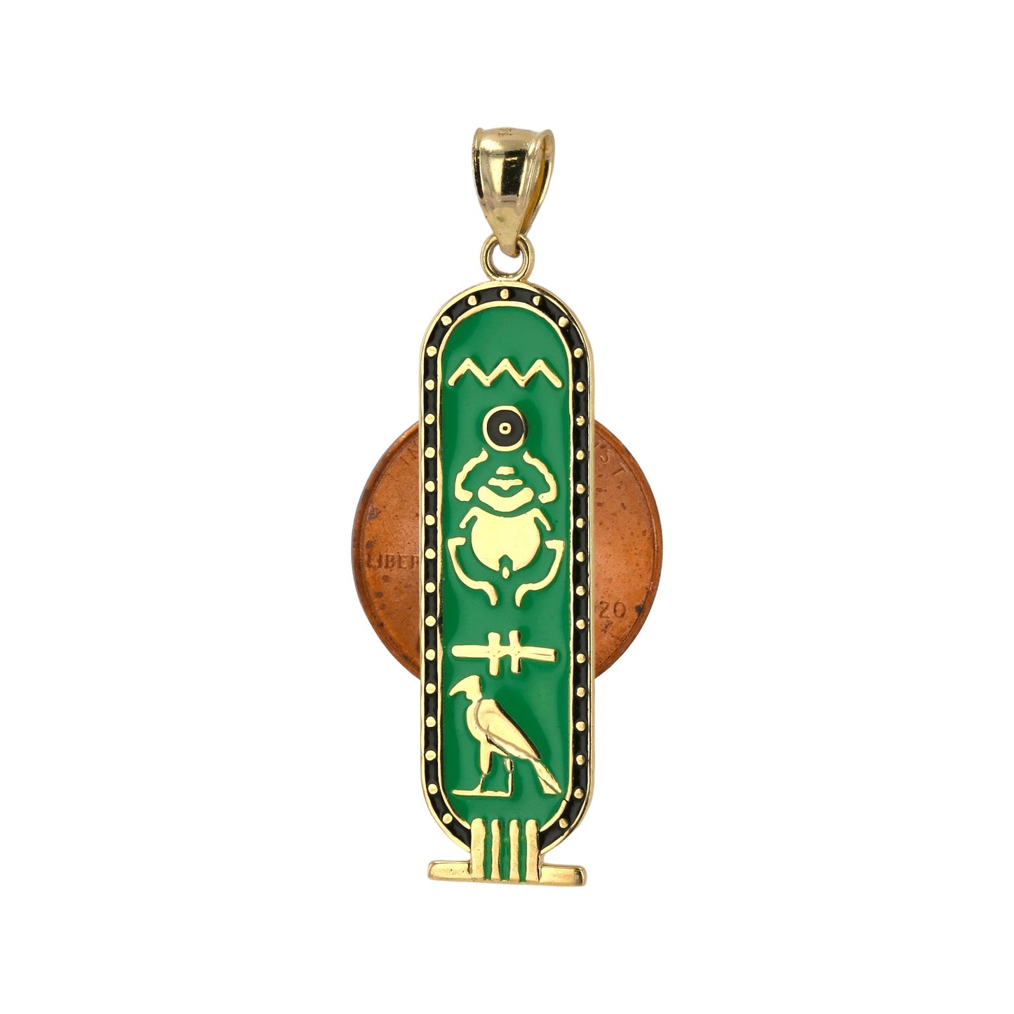 14k yellow gold green enamel amulet Egyptian hieroglyph pendant -226097