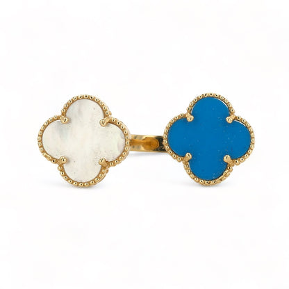 14K Yellow gold Two Clover Blue and White Ring - 222970