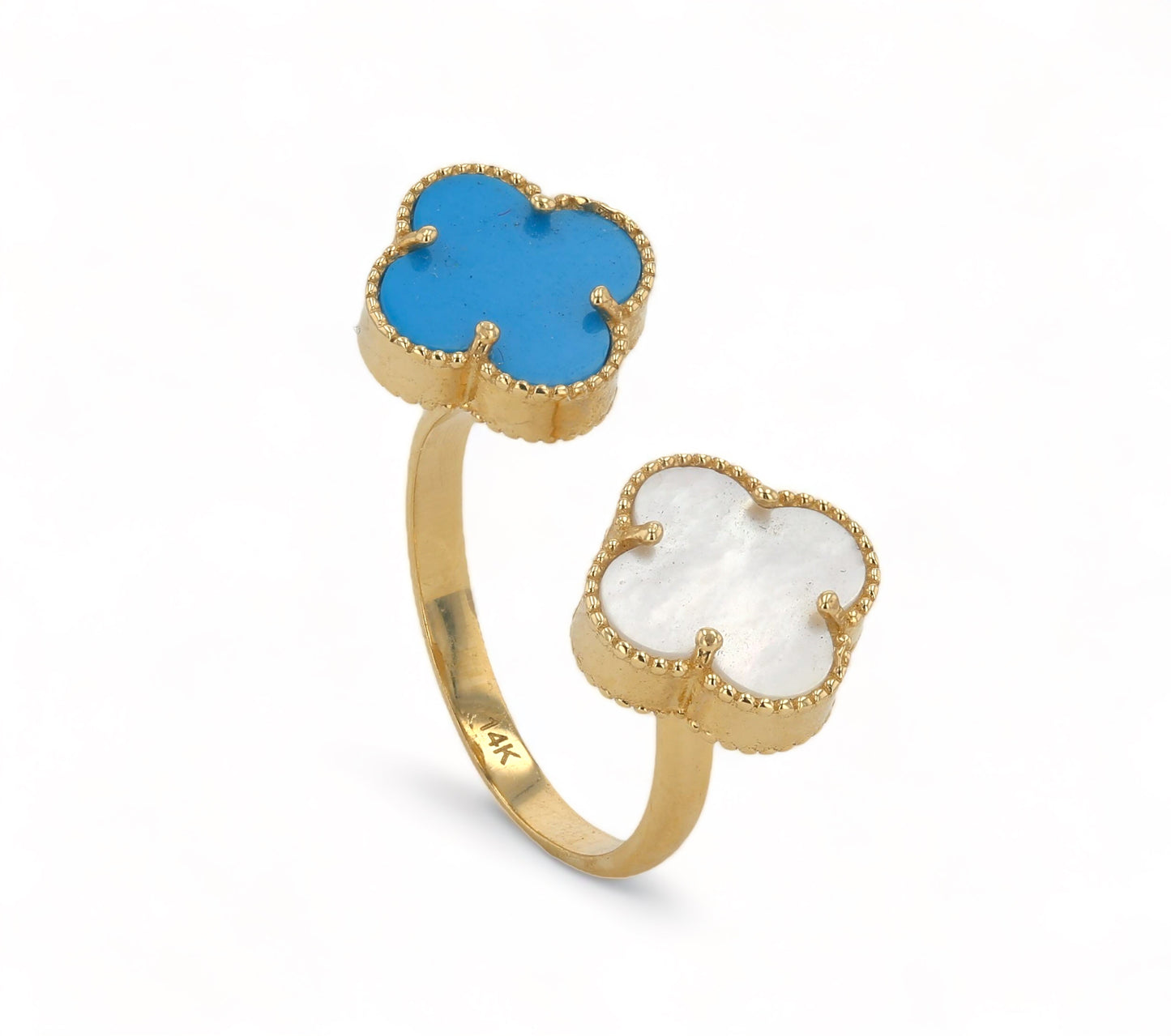 14K Yellow gold Two Clover Blue and White Ring - 222970