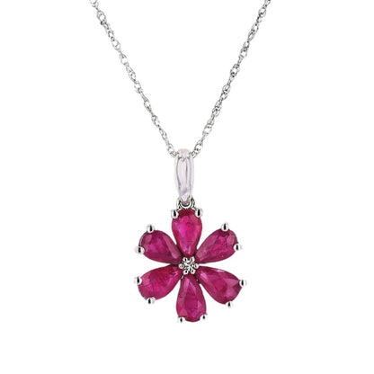 14k White Gold Flower Pendant with Ruby and Diamond