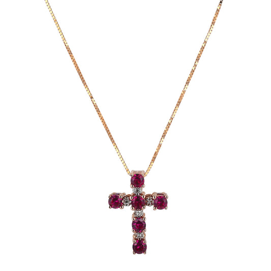 10k Rose Gold chain with Ruby and diamonds cross necklace-15085