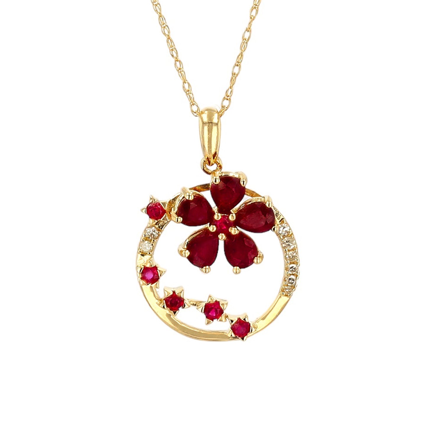 14k Yellow Gold Flower Pendant with Ruby and Diamonds