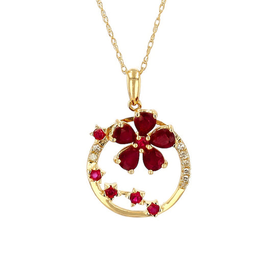 14k Yellow Gold Flower Pendant with Ruby and Diamonds