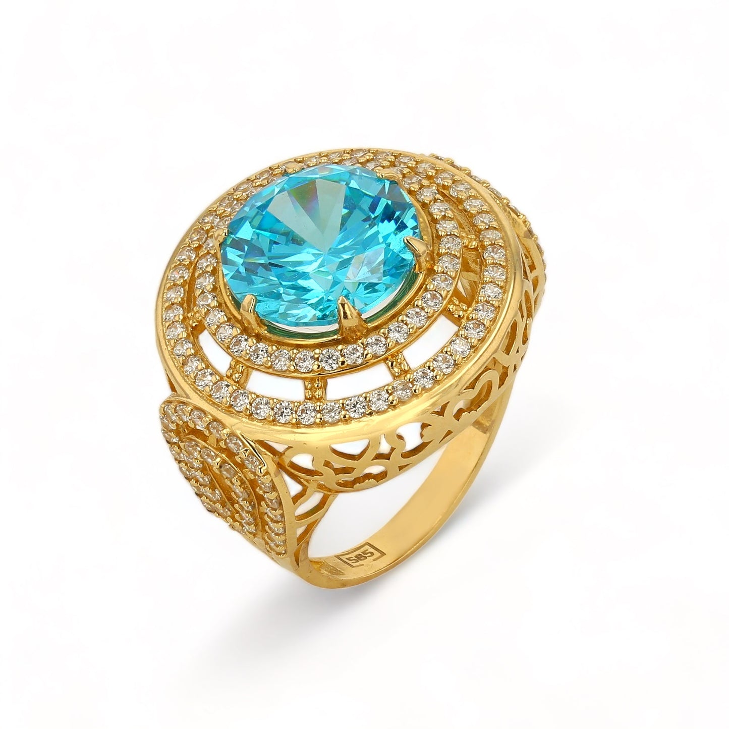 14K Yellow Gold Circle Ring with Blue Stone and CZ