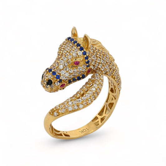 10 K Yellow Gold Ring with Horse Head and Blue, Red and White stones