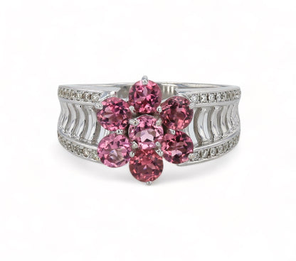18K White Gold Flower Design with Diamonds and Pink Tourmaline high end ring