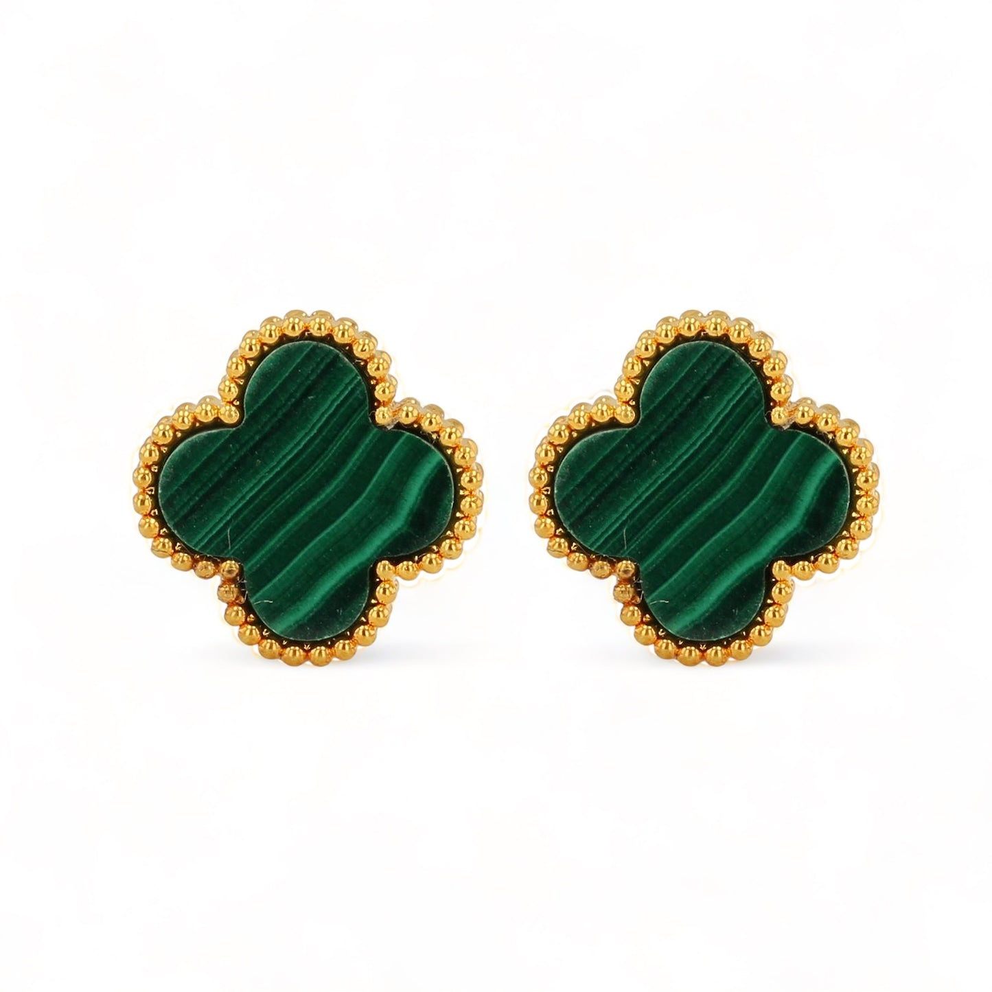 18K Yellow Gold clover Malachite Earrings-36393