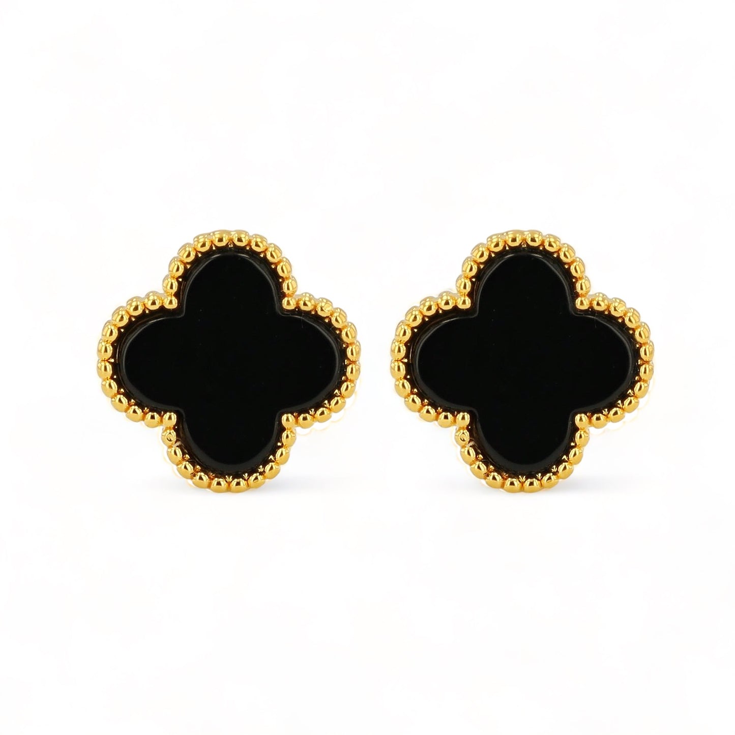18K Yellow Gold clover Onyx Earrings-68282
