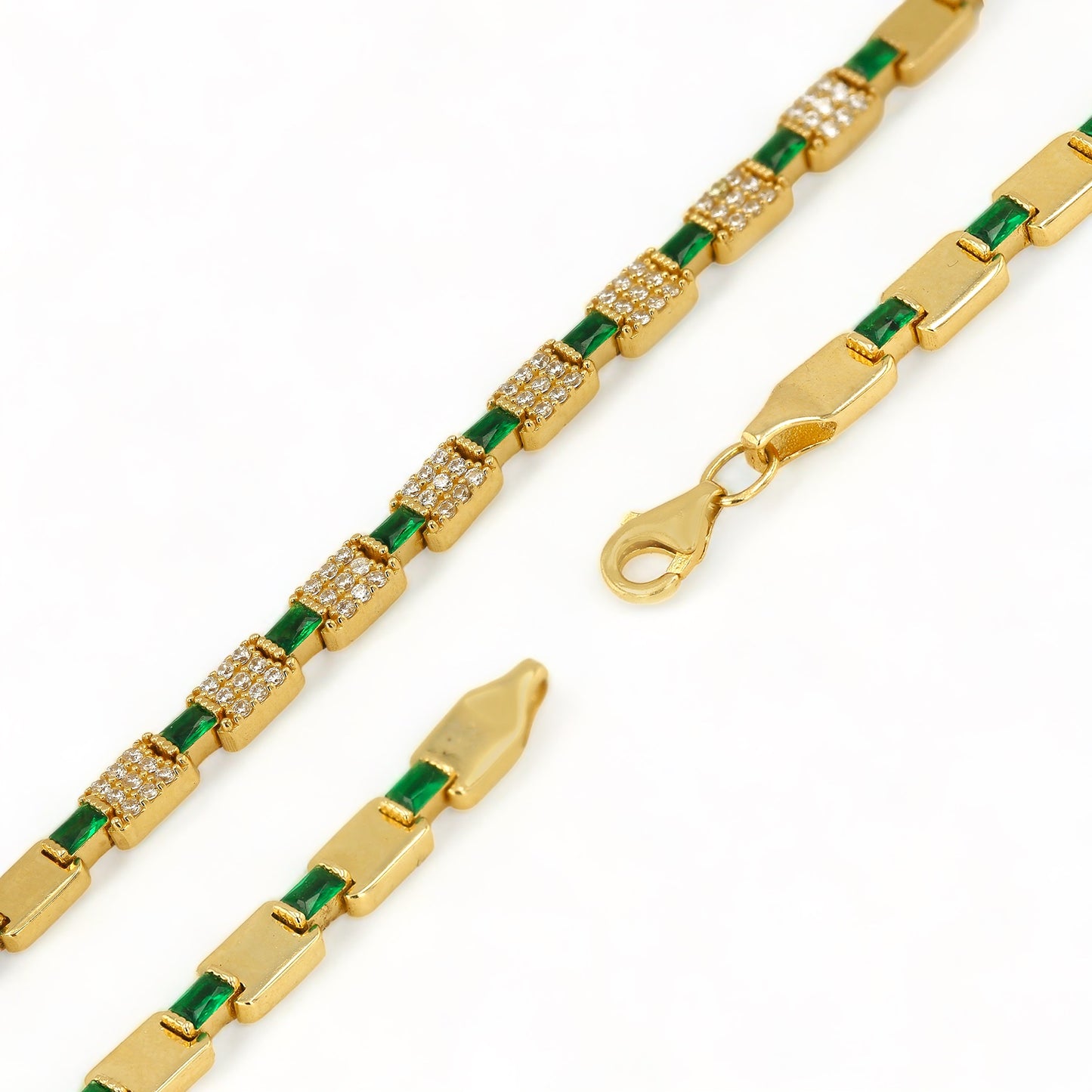 14K Yellow Gold Bracelet with Green and White Stones - 1003