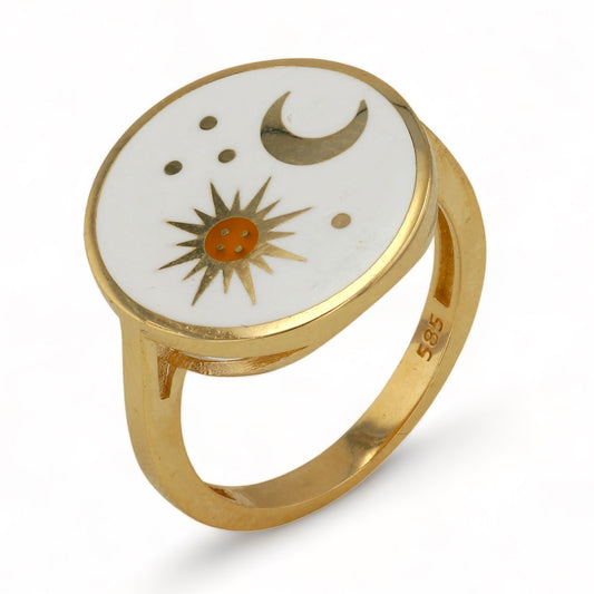 14K Yellow Gold Sun and Moon White Enamel Ring - 1012