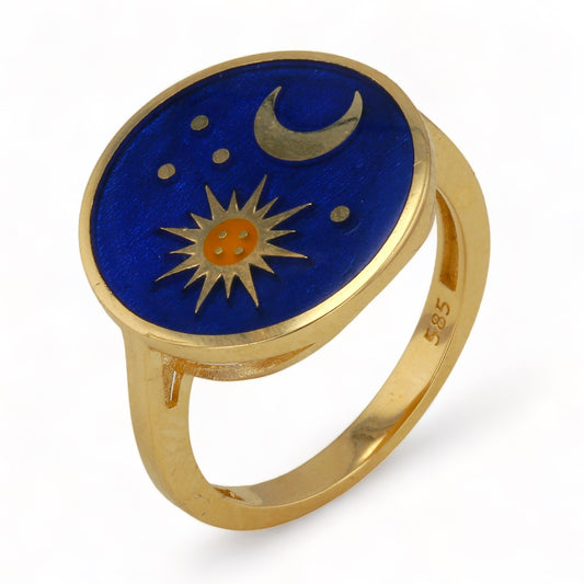 14K Yellow Gold Sun and Moon Blue Enamel Ring - 1010