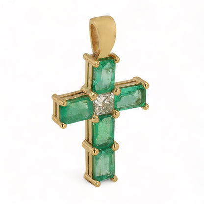 14K Yellow Gold Emerald and Diamond Cross Pendant - 1016