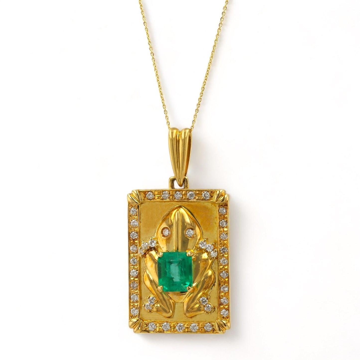 18K Yellow Gold solid lucky Frog necklace with Emerald and Diamonds - 16150