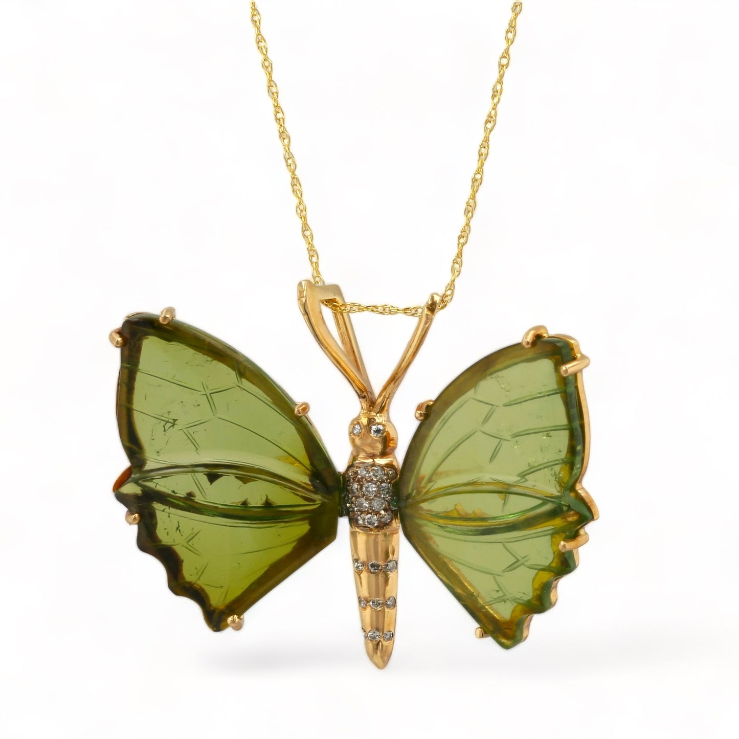 18K Yellow Gold Butterfly necklace with Diamonds and Peridot Wings - 18049