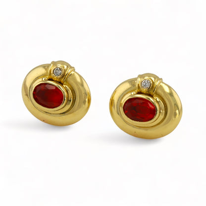 18K Yellow Gold studs with Diamond and fire Opal - 14324